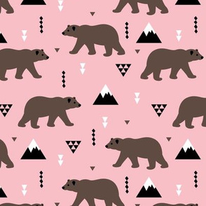 Grizzly bear woodland and geometric triangle mountains fall winter pink