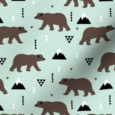 Grizzly bear woodland and geometric triangle mountains fall winter mint