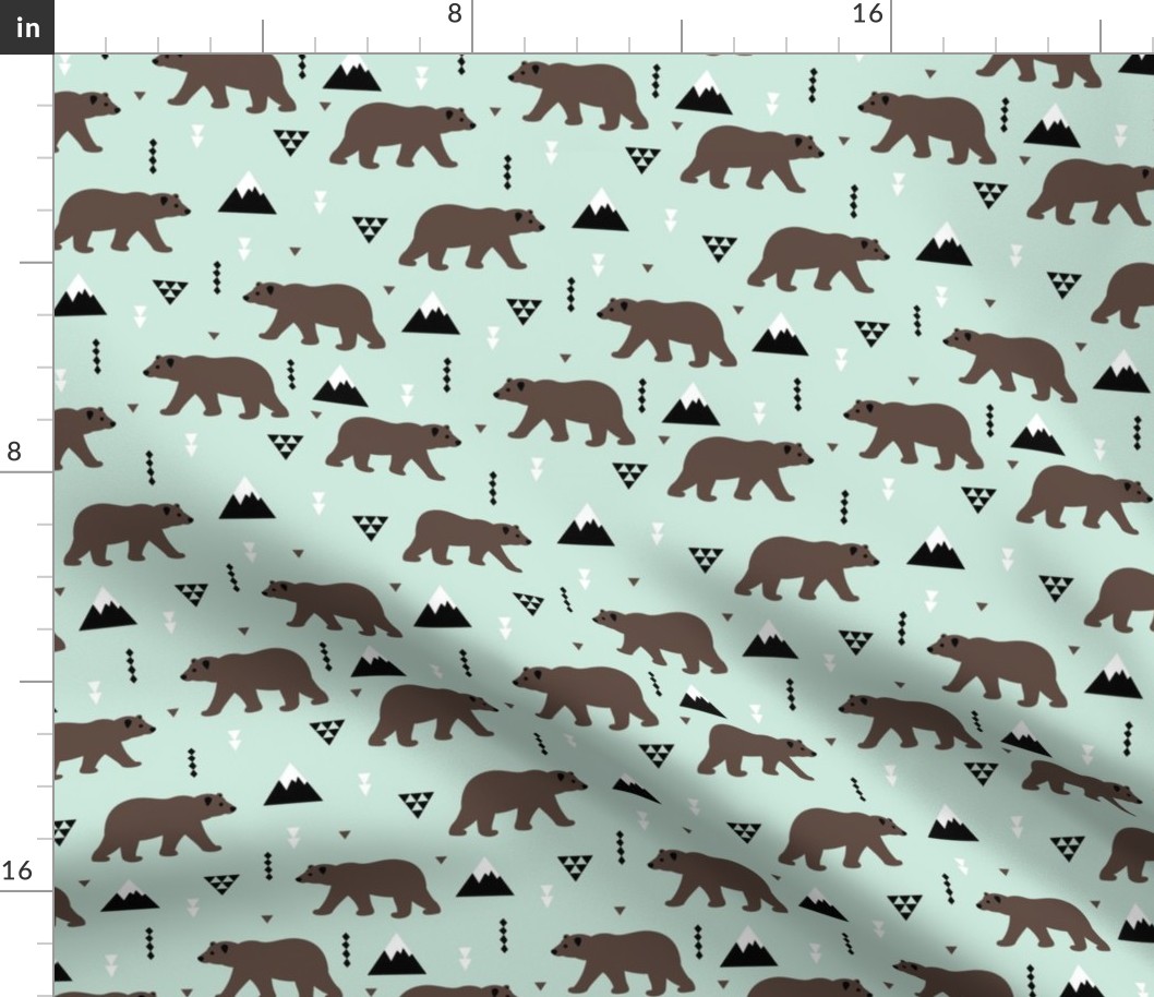 Grizzly bear woodland and geometric triangle mountains fall winter mint