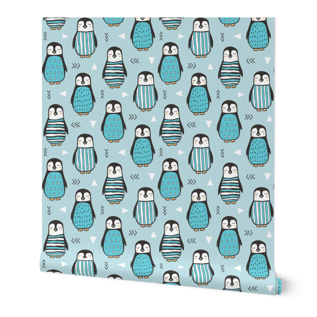 Penguins with Sweater Geometric  and Triangles in Aqua Blue