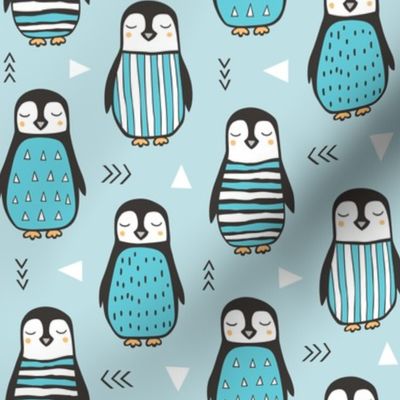 Penguins with Sweater Geometric  and Triangles in Aqua Blue