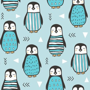 Penguins with Sweater Geometric  and Triangles in Aqua Blue