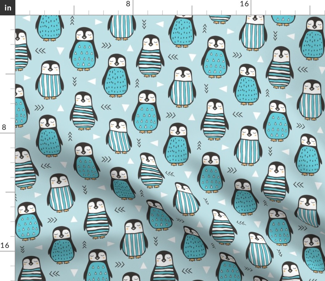 Penguins with Sweater Geometric  and Triangles in Aqua Blue