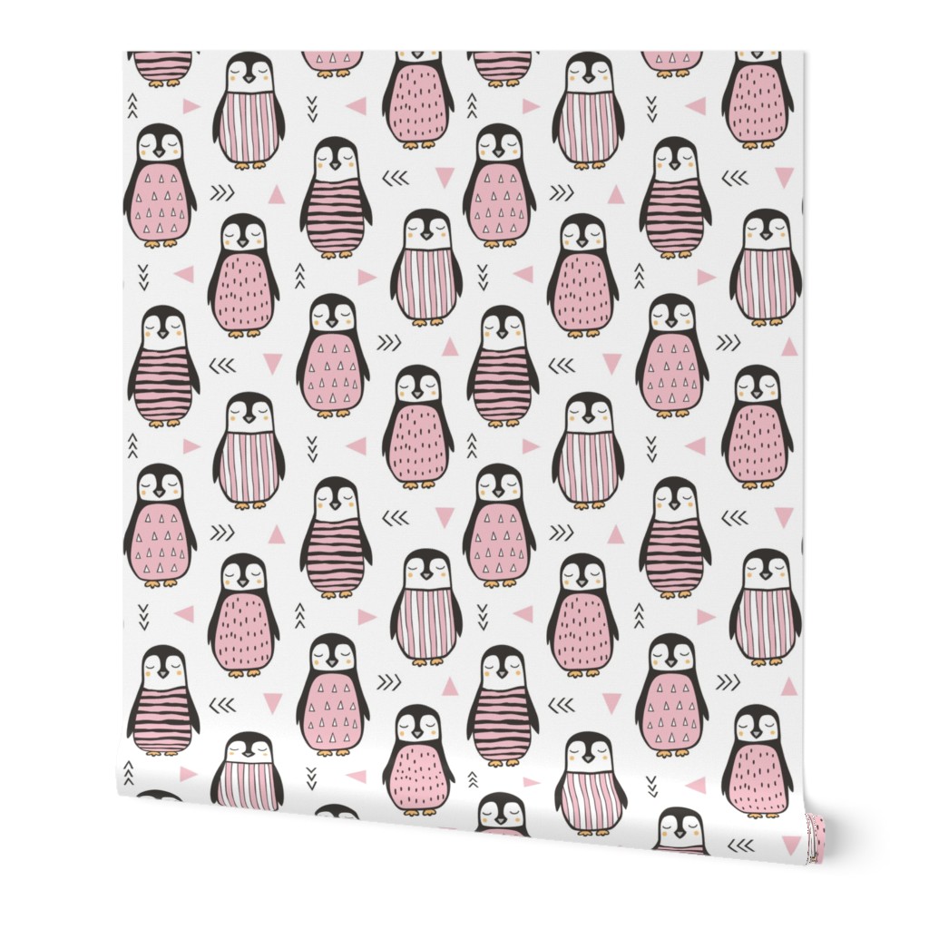 Penguins with Sweater Geometric  and Triangles Pink on White