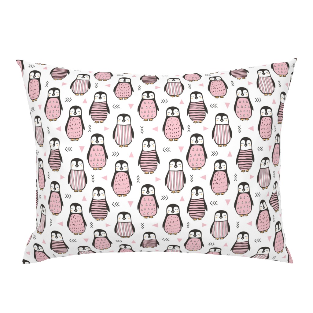 Penguins with Sweater Geometric  and Triangles Pink on White