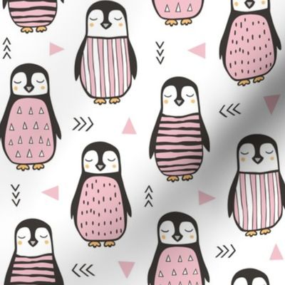 Penguins with Sweater Geometric  and Triangles Pink on White