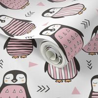 Penguins with Sweater Geometric  and Triangles Pink on White