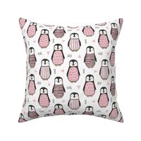 Penguins with Sweater Geometric  and Triangles Pink on White