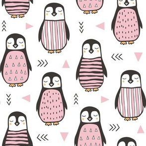 Penguins with Sweater Geometric  and Triangles Pink on White