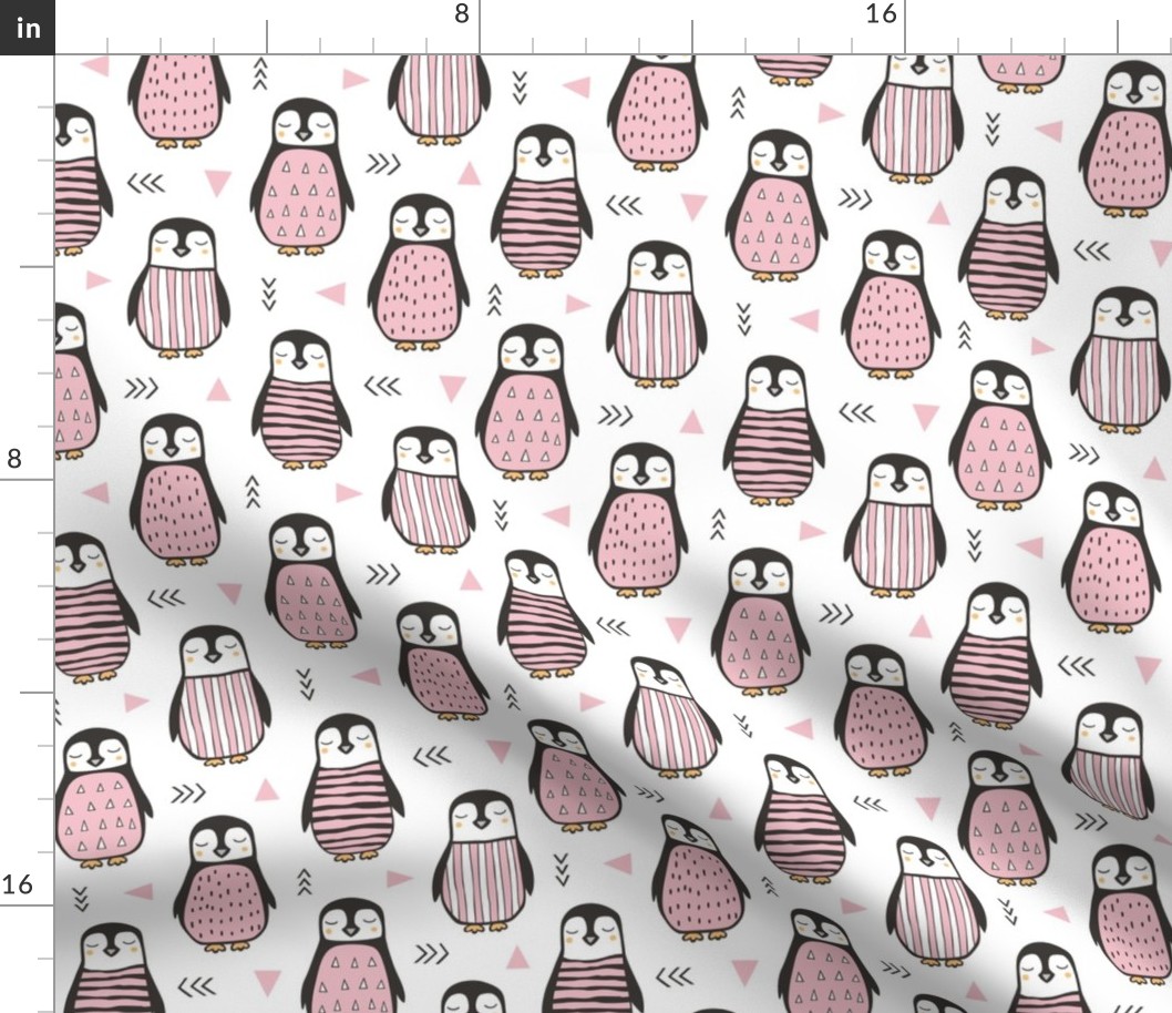 Penguins with Sweater Geometric  and Triangles Pink on White