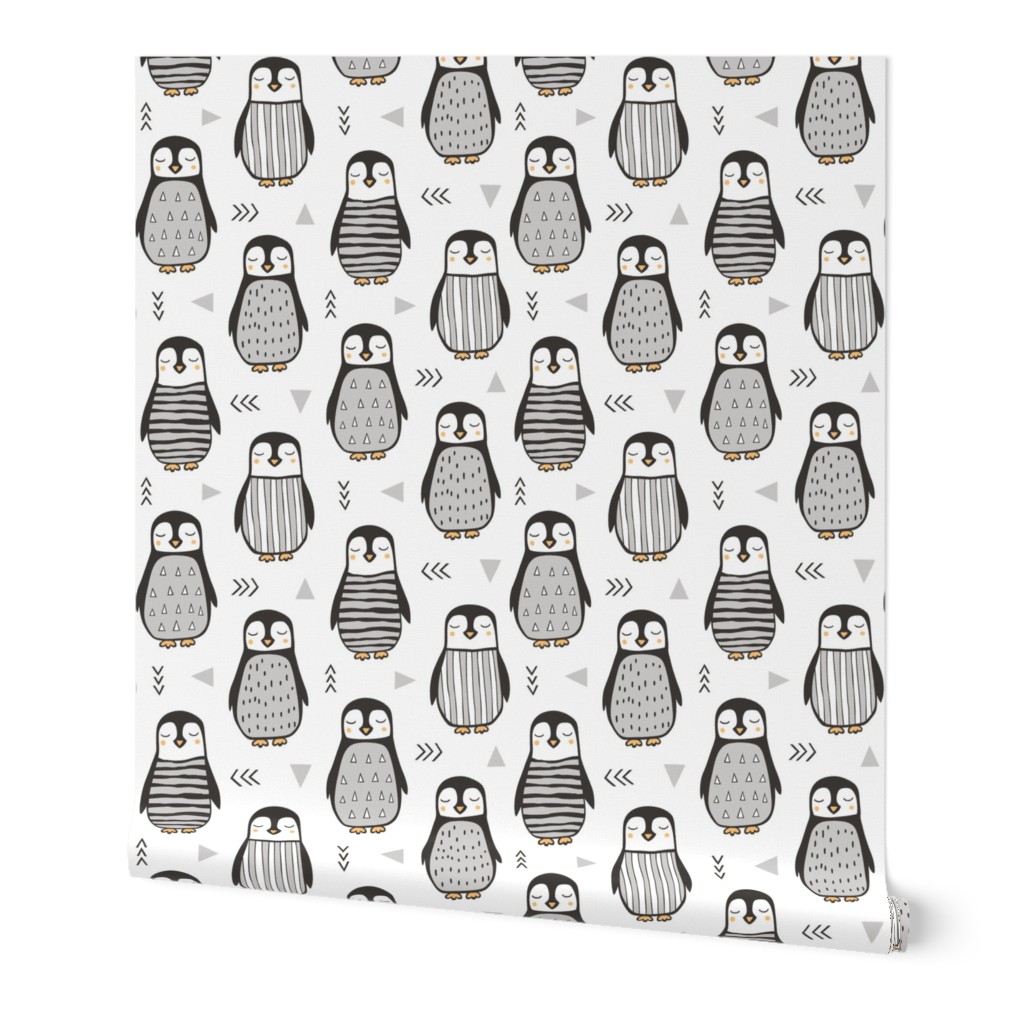 Penguins Black&White  with Sweater Geometric and Triangles  in Grey on White