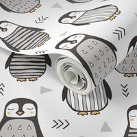 Penguins Black&White  with Sweater Geometric and Triangles  in Grey on White