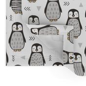 Penguins Black&White  with Sweater Geometric and Triangles  in Grey on White