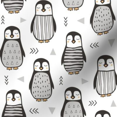 Penguins Black&White  with Sweater Geometric and Triangles  in Grey on White