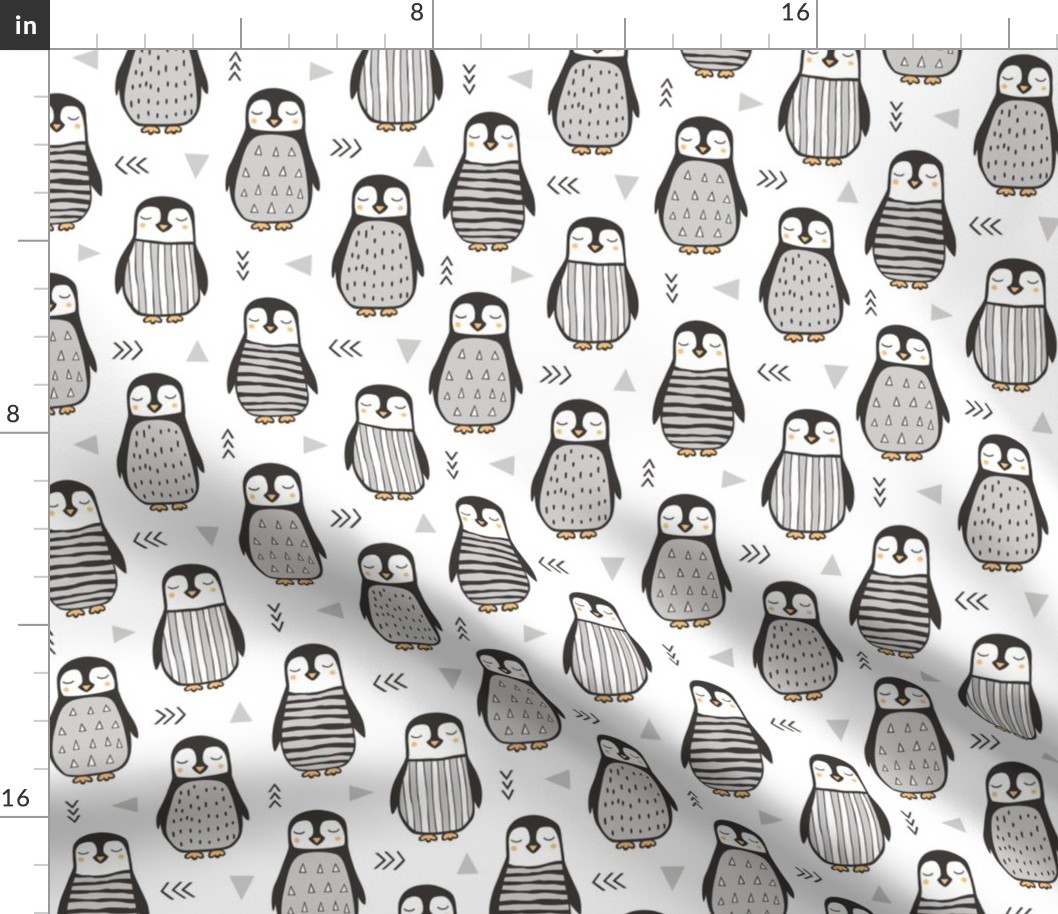 Penguins Black&White  with Sweater Geometric and Triangles  in Grey on White