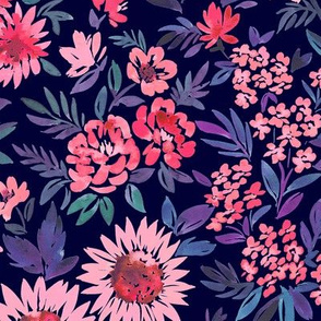 WatercolorFloral-BlueAndPinksOnBlue