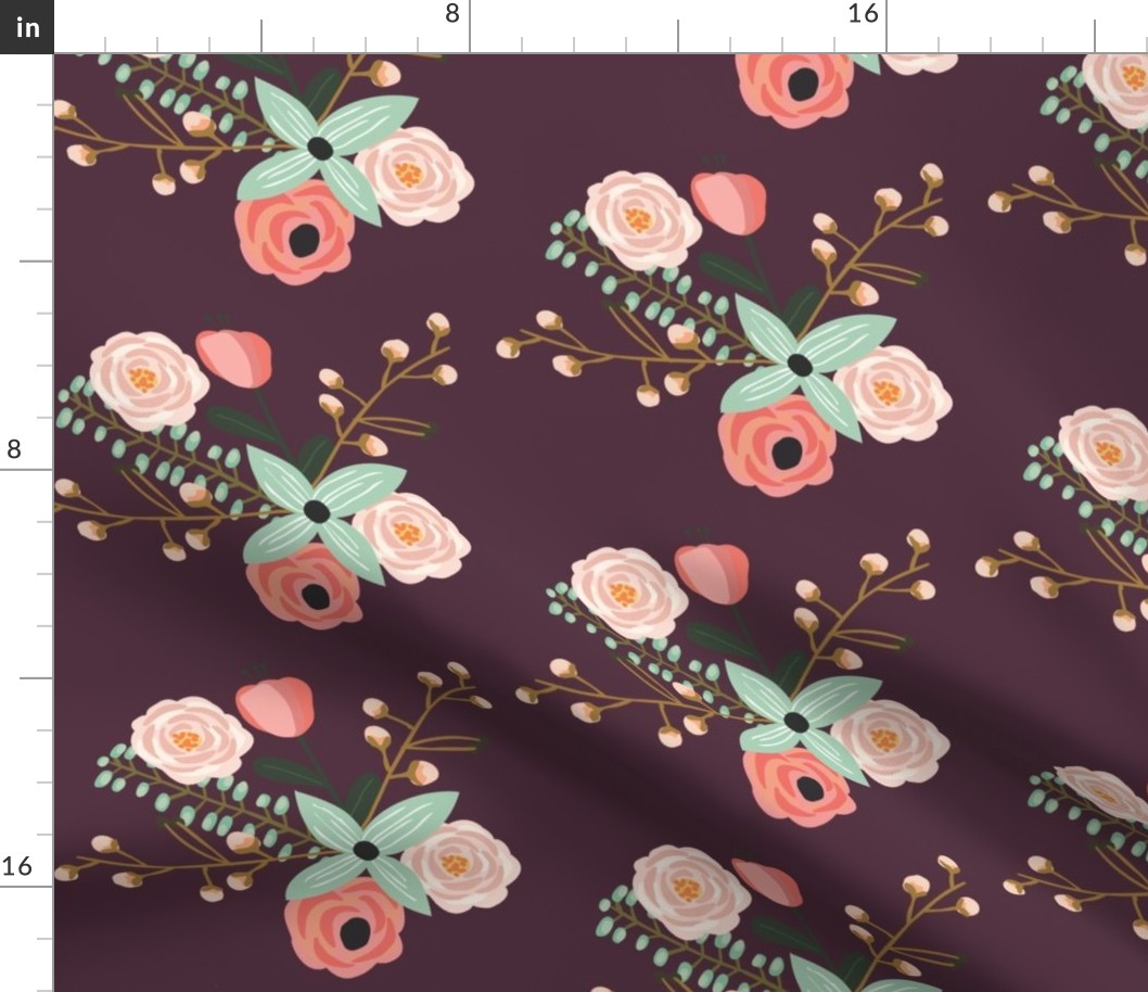 Summer Floral on Eggplant - Mint Floral - Flowers