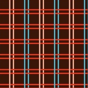 DRM1 - Open Weave Pinstripe Plaid in Red-Orange, Aqua and Peach on Dark Brown