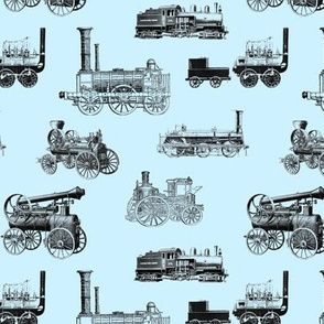 Antique Steam Engines on Blue // Small 