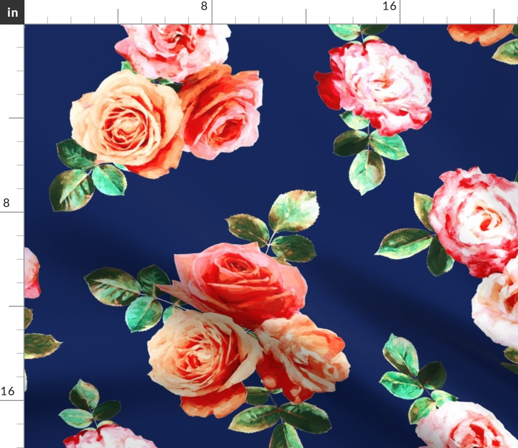 Vintage Rose Floral on navy blue - large