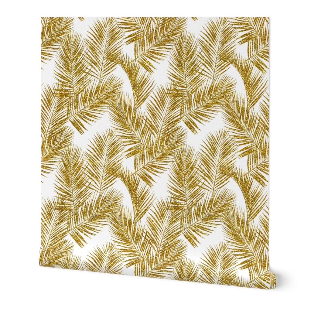 gold glitter palm leaves - white, small.     silhuettes faux gold imitation tropical forest white background hot summer palm plant leaves shimmering metal effect texture fabric wallpaper giftwrap