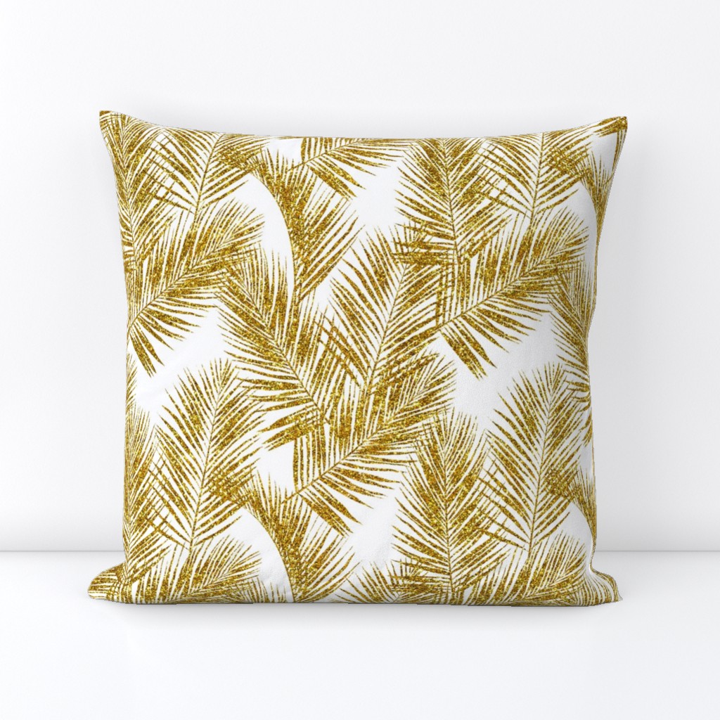 gold glitter palm leaves - white, small.     silhuettes faux gold imitation tropical forest white background hot summer palm plant leaves shimmering metal effect texture fabric wallpaper giftwrap