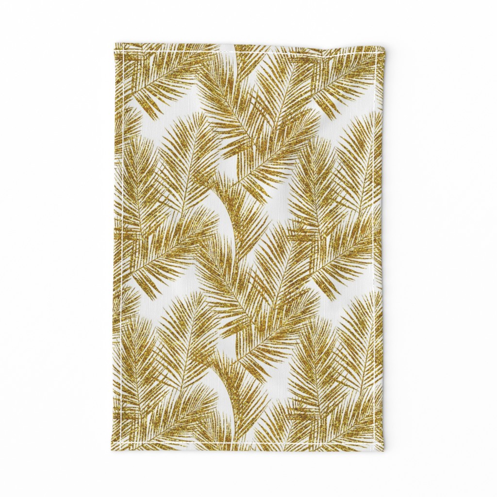 gold glitter palm leaves - white, small.     silhuettes faux gold imitation tropical forest white background hot summer palm plant leaves shimmering metal effect texture fabric wallpaper giftwrap