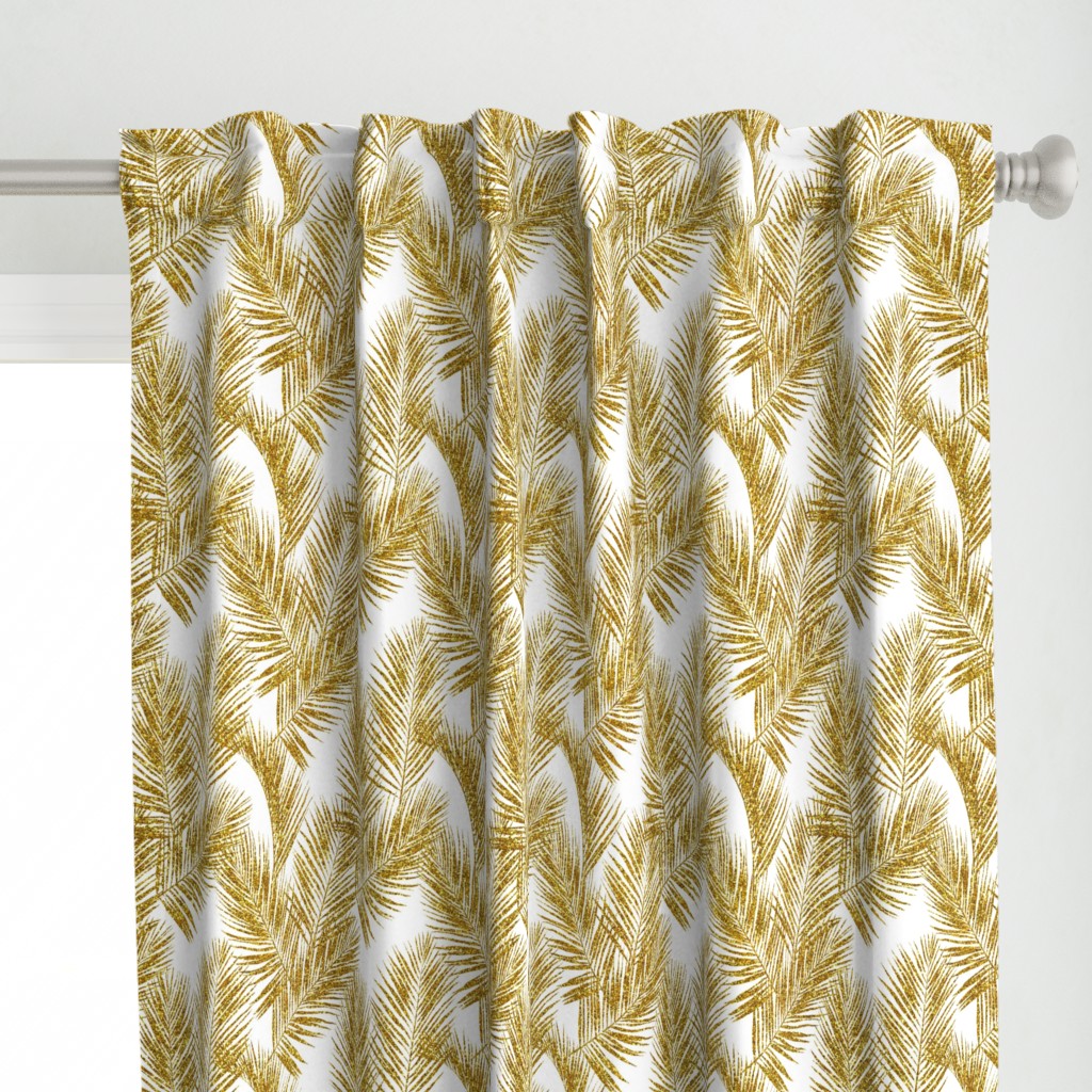 gold glitter palm leaves - white, small.     silhuettes faux gold imitation tropical forest white background hot summer palm plant leaves shimmering metal effect texture fabric wallpaper giftwrap