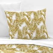 gold glitter palm leaves - white, small.     silhuettes faux gold imitation tropical forest white background hot summer palm plant leaves shimmering metal effect texture fabric wallpaper giftwrap