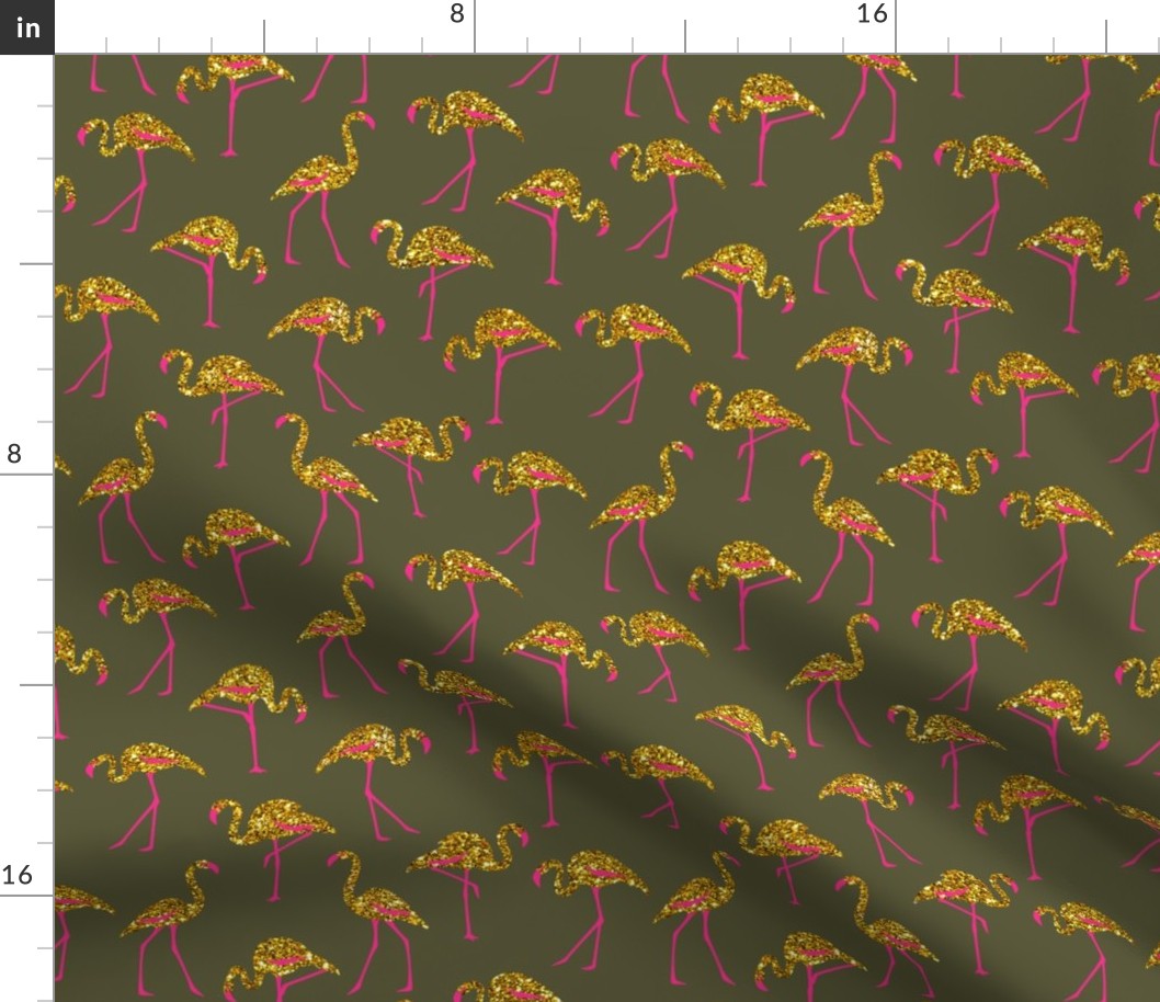 gold glitter flamingos with pink legs - light olive