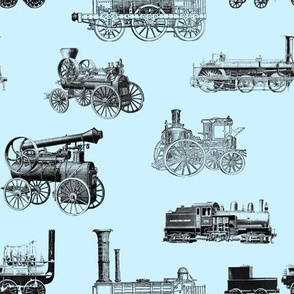 Antique Steam Engines on Blue // Large 