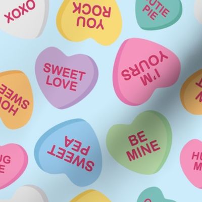 Conversation Hearts, blue background 