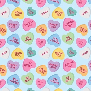 Conversation Hearts, blue background 