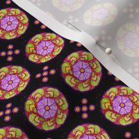 Abstract Circles on black with pink, green, illustrated flower mandala, kaleidoscopes 