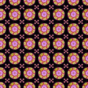 Abstract Circles on black with pink, green, illustrated flower mandala, kaleidoscopes 