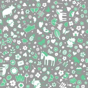 Pigs & Ponies Ditsy - Grey, Mint & White