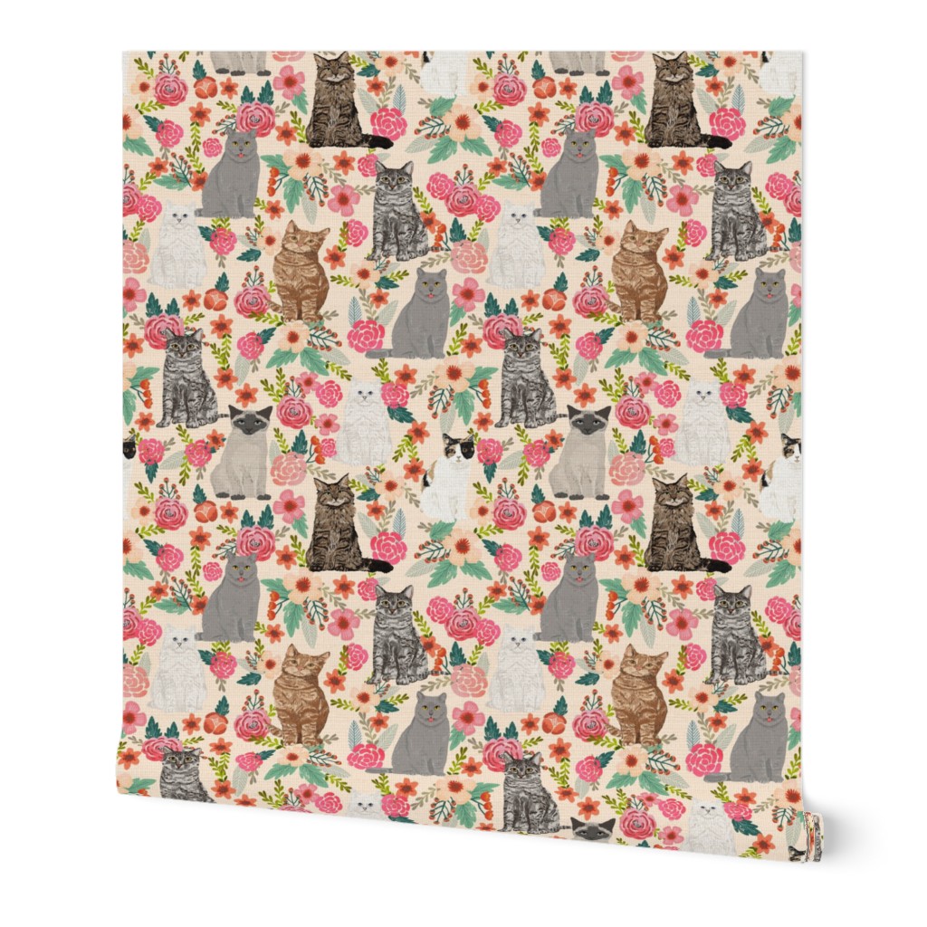 cats in flowers garden florals watercolor flowers florals spring cream cat lady cats fabric