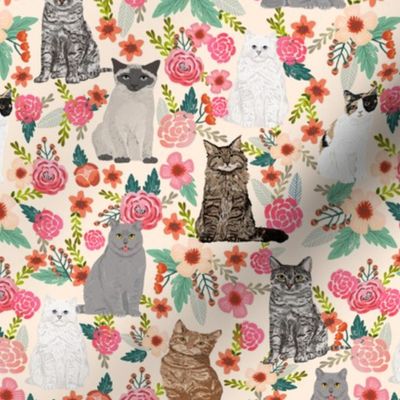 cats in flowers garden florals watercolor flowers florals spring cream cat lady cats fabric