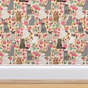 cats in flowers garden florals watercolor flowers florals spring cream cat lady cats fabric