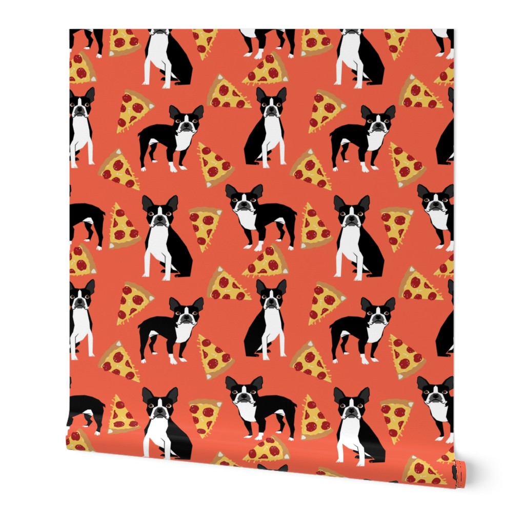 boston terriers pizza orange salmon trendy hipster dogs and pizza fabric for home projects crafts quilts cute dogs pet dog fabric