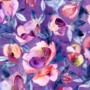 Garden Shadows watercolor floral in pink, blue, purple