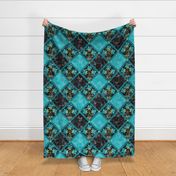 Cheater Quilt Double Peony Pattern Teal Black Green