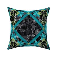 Cheater Quilt Double Peony Pattern Teal Black Green