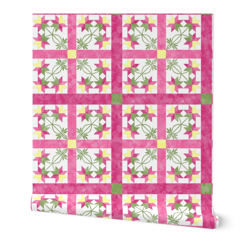 Cheater Quilt Double Peony Pattern Pink Green Yellow