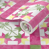 Cheater Quilt Double Peony Pattern Pink Green Yellow