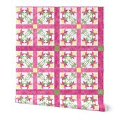 Cheater Quilt Double Peony Pattern Pink Green Yellow