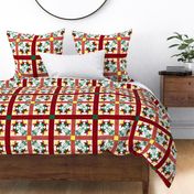 Cheater Quilt Double Peony Pattern Red Orange Green Yellow