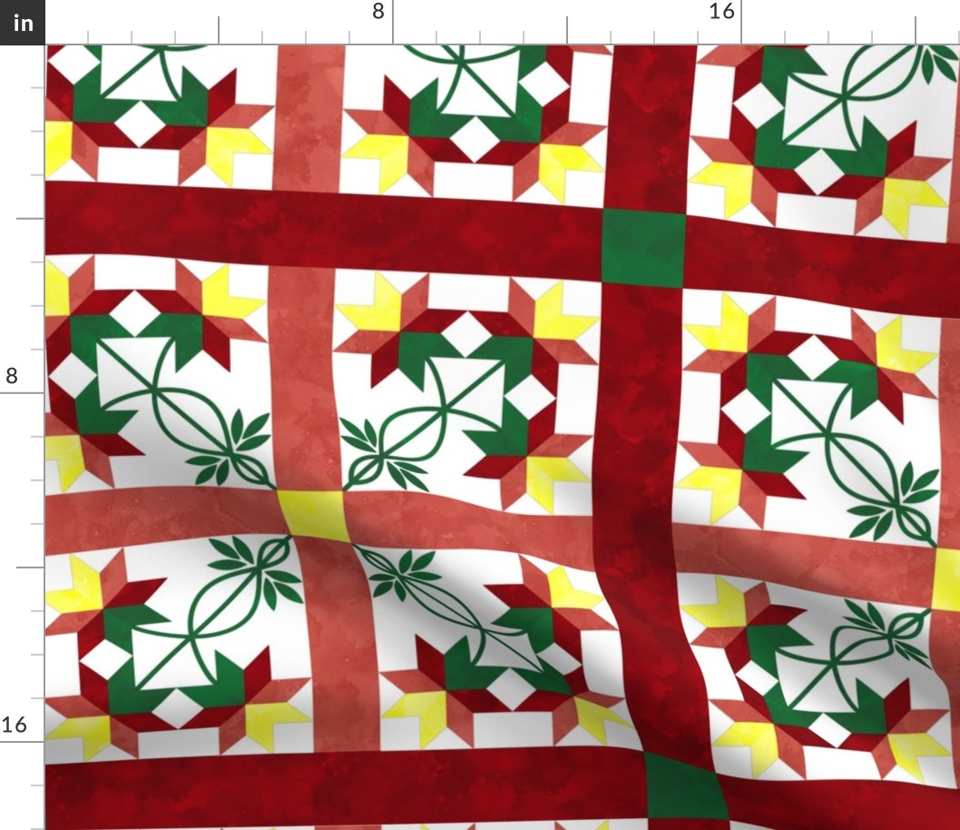 Cheater Quilt Double Peony Pattern Red Orange Green Yellow