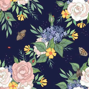 Roses and Buttercups on Dark Blue