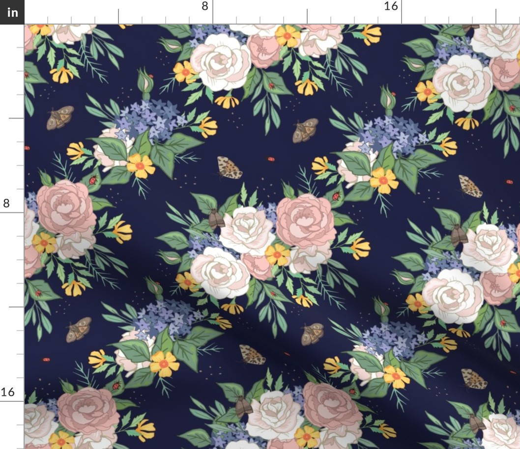 Roses and Buttercups on Dark Blue